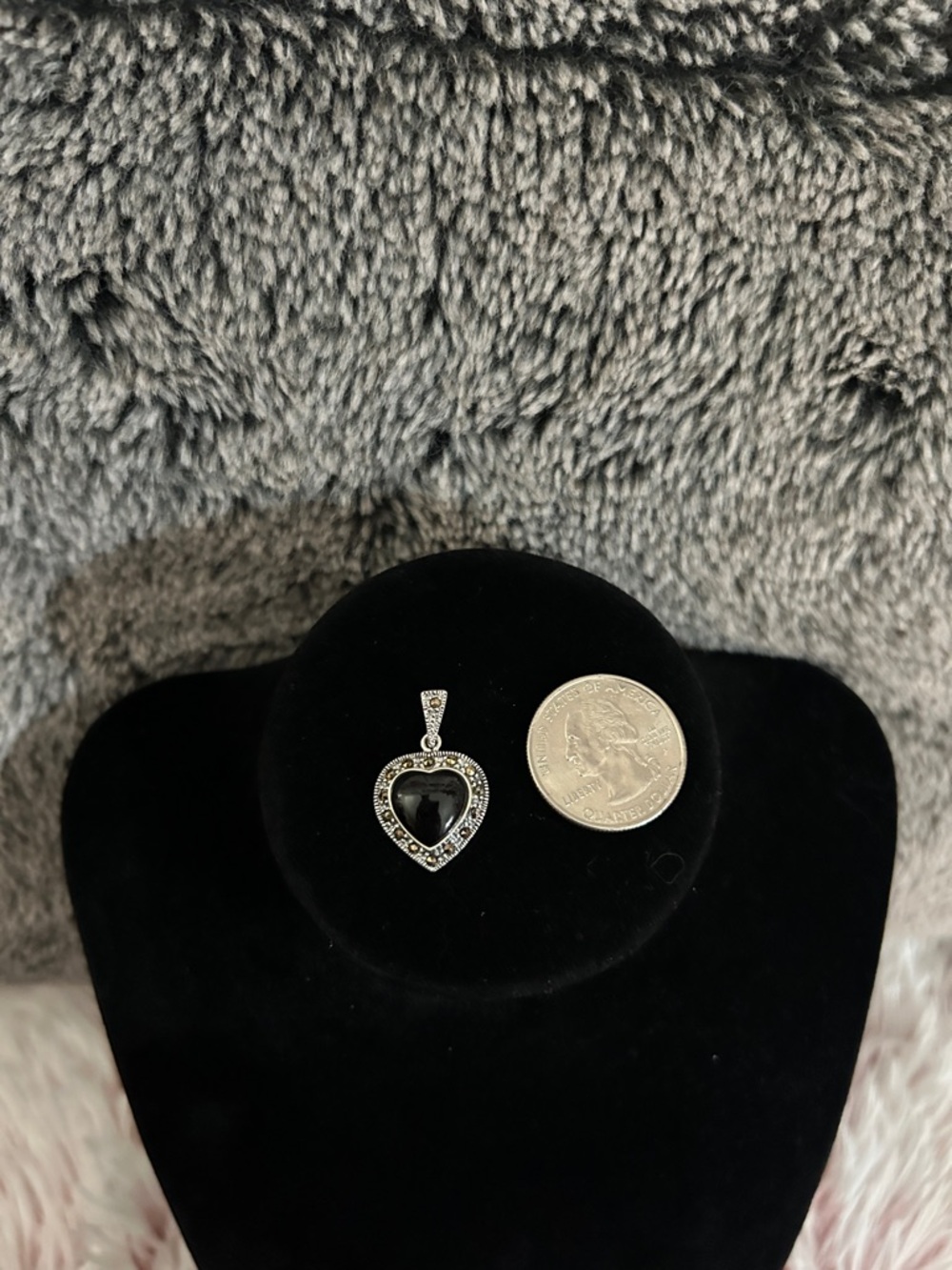 925 Sterling Silver Genuine Onyx + Marcasite Heart Pendant - NEW